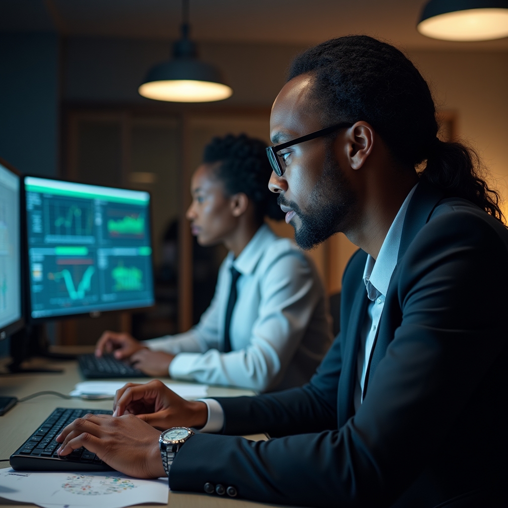 Compliance team reviewing identity verification documents at professional workstations in a financial services office