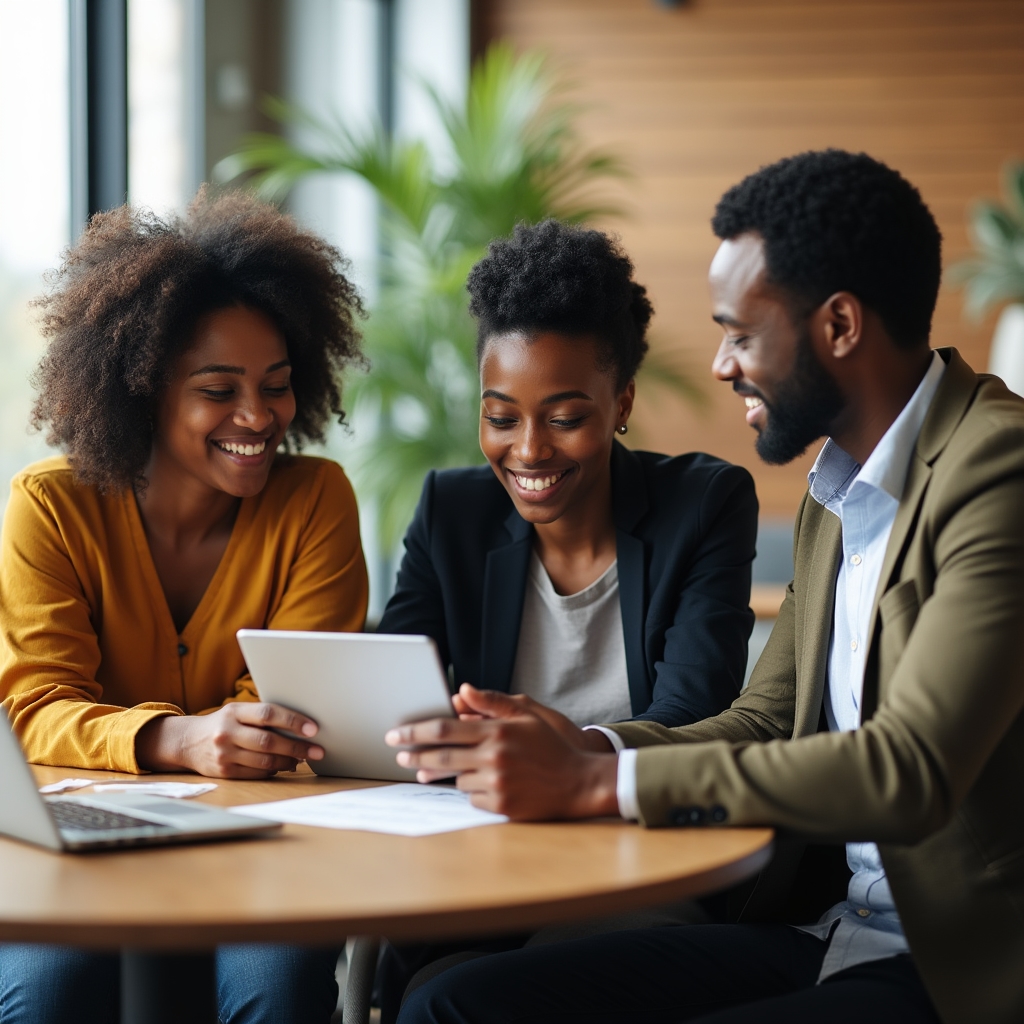 Ethiopian American community members reviewing financial services information together at a community center