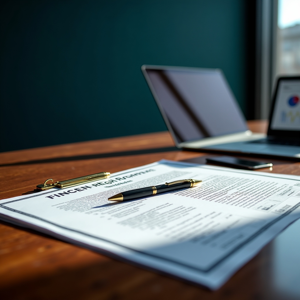 Regulatory compliance documentation and FinCEN registration materials spread on a professional desk