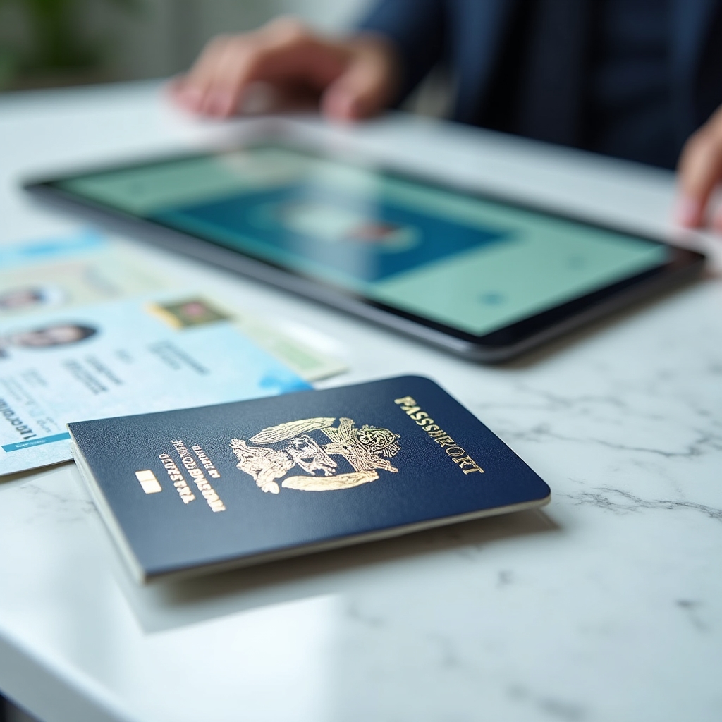 Identity verification process showing government ID document being reviewed alongside digital verification system on computer screen